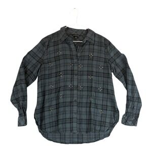 Rock & Republic Top Small Studded Plaid Shirt Grey Western Show Lightweight